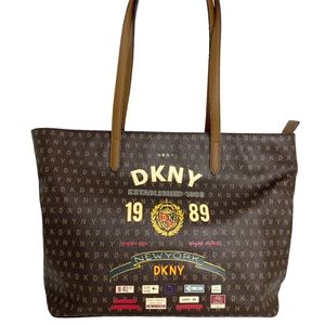 DKNY Large Brown Shopper Tote Bag Purse W/Zip Closure | New York 1989